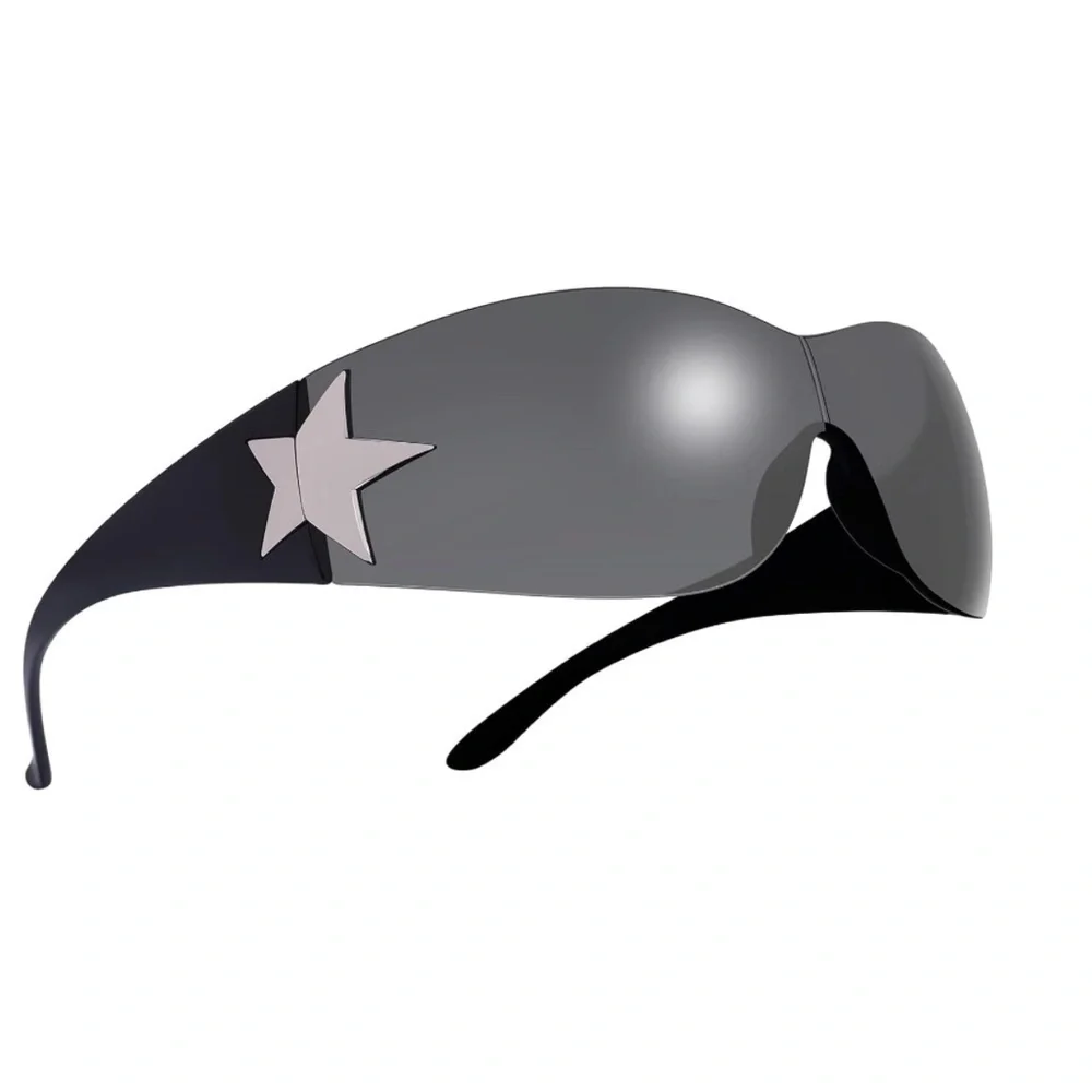 Rimless Y2K Sunglasses for Women Men,Trendy Shield Wrap Around Oversized Glasses